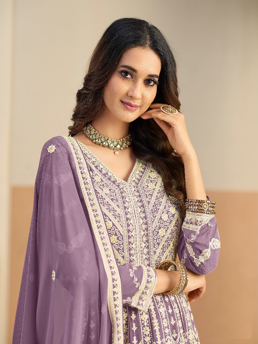 Pastle purple Faux georgette Embroidery Wedding Party Festival Lawn Salwar Kameez