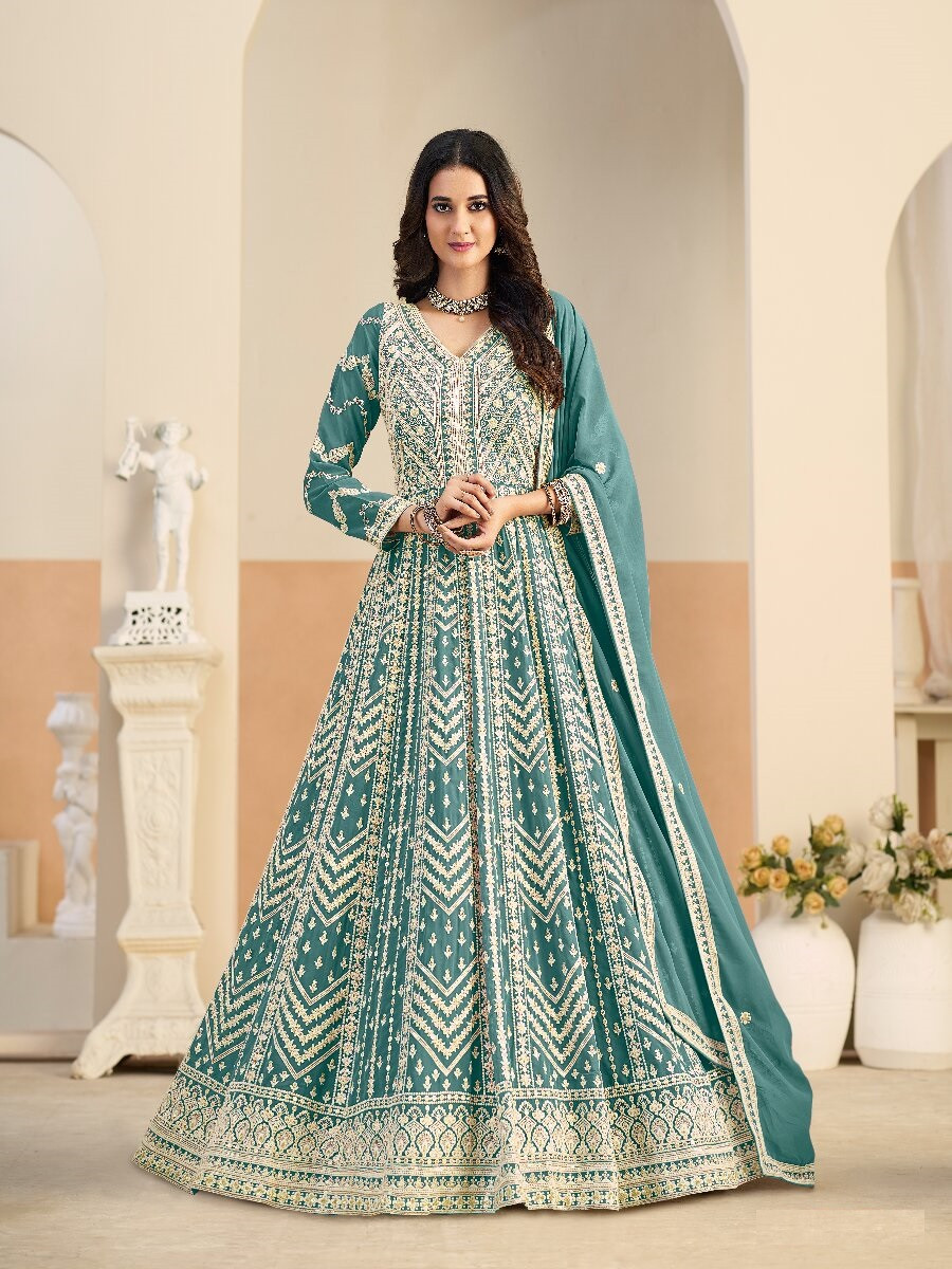 Pastle teal Faux georgette Embroidery Wedding Party Festival Lawn Salwar Kameez