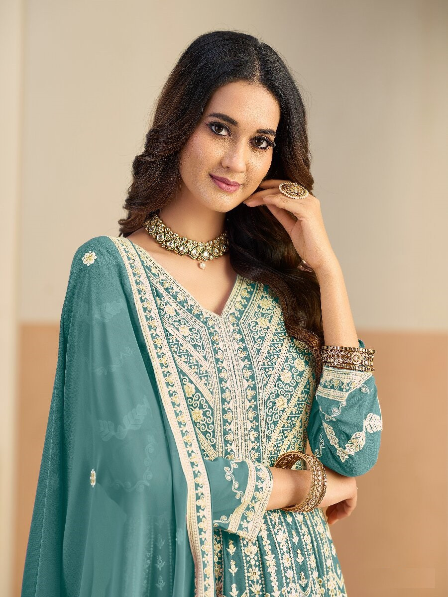Pastle teal Faux georgette Embroidery Wedding Party Festival Lawn Salwar Kameez