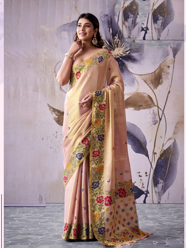 Image of Peach  Tissue Silk Handwoven Wedding Reception Party Festival Casual Heavy Border Sarees