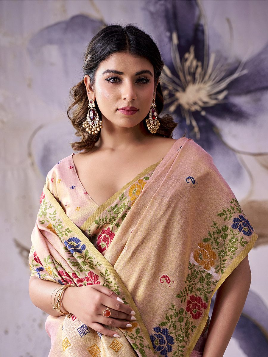 Peach  Tissue Silk Handwoven Wedding Reception Party Festival Casual Heavy Border Sarees