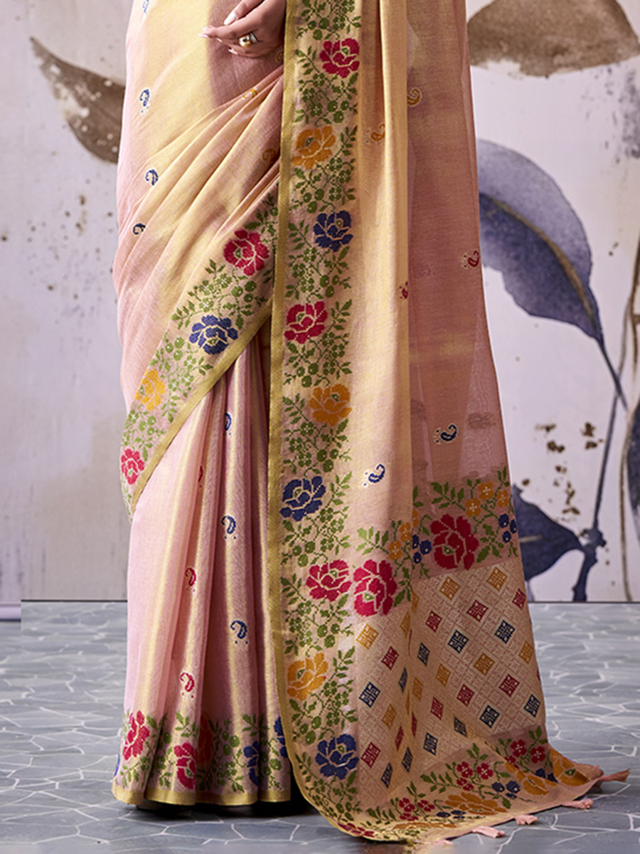 Peach  Tissue Silk Handwoven Wedding Reception Party Festival Casual Heavy Border Sarees