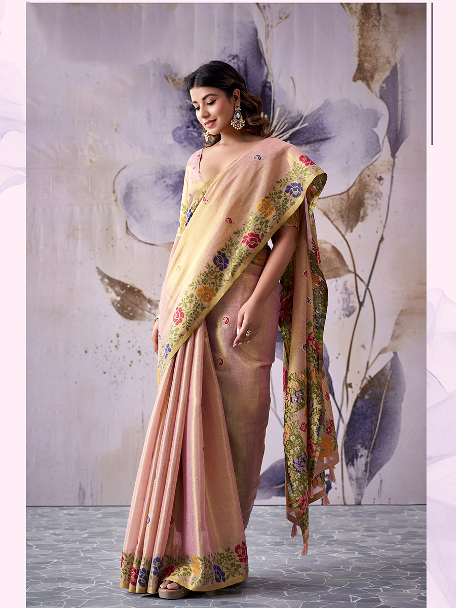 Peach  Tissue Silk Handwoven Wedding Reception Party Festival Casual Heavy Border Sarees