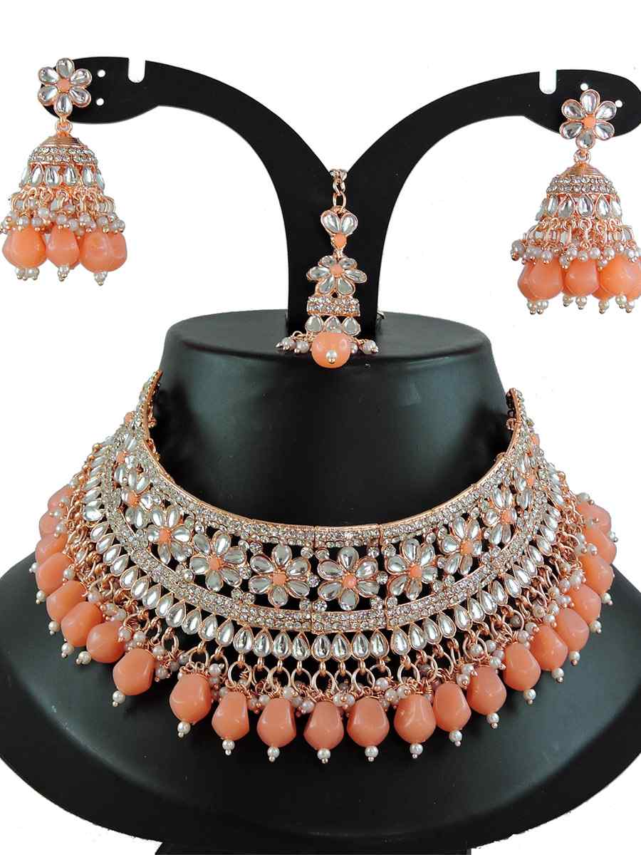 Peach Alloy Bridal Wear Diamonds Necklace