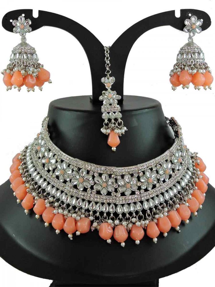 Peach Alloy Bridal Wear Diamonds Necklace