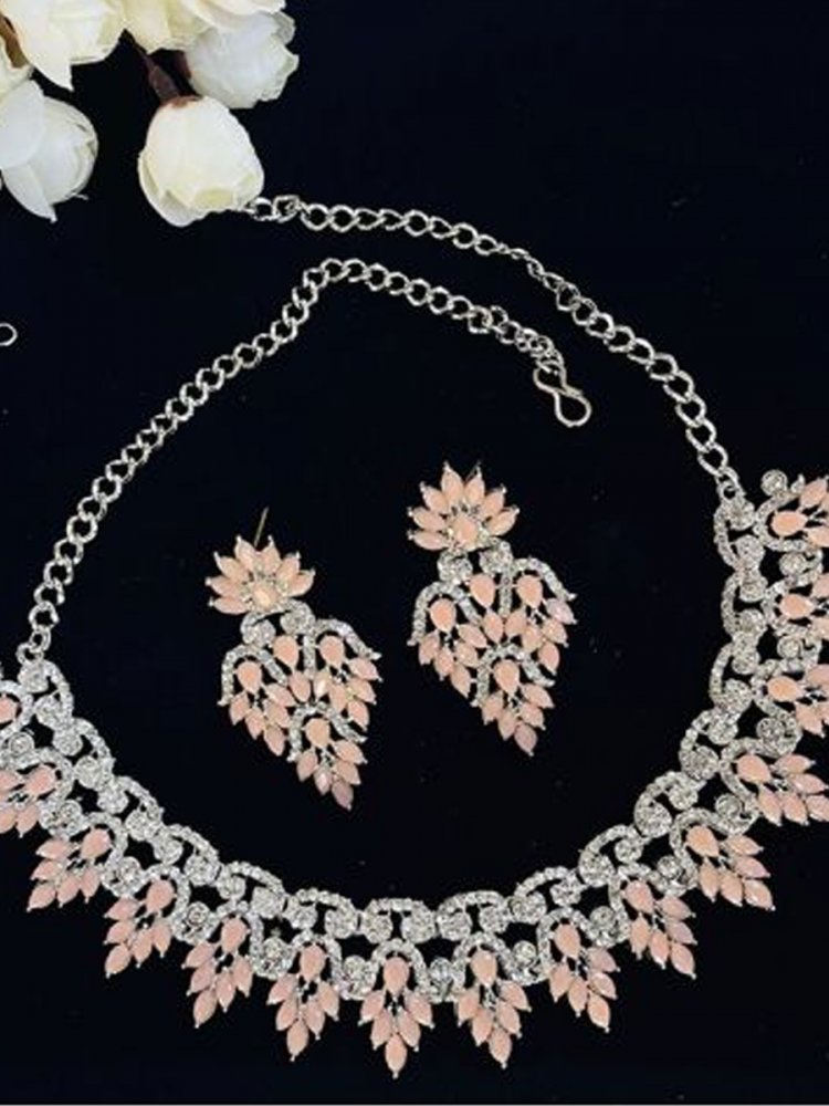 Peach Alloy Festival Wear Diamonds Necklace