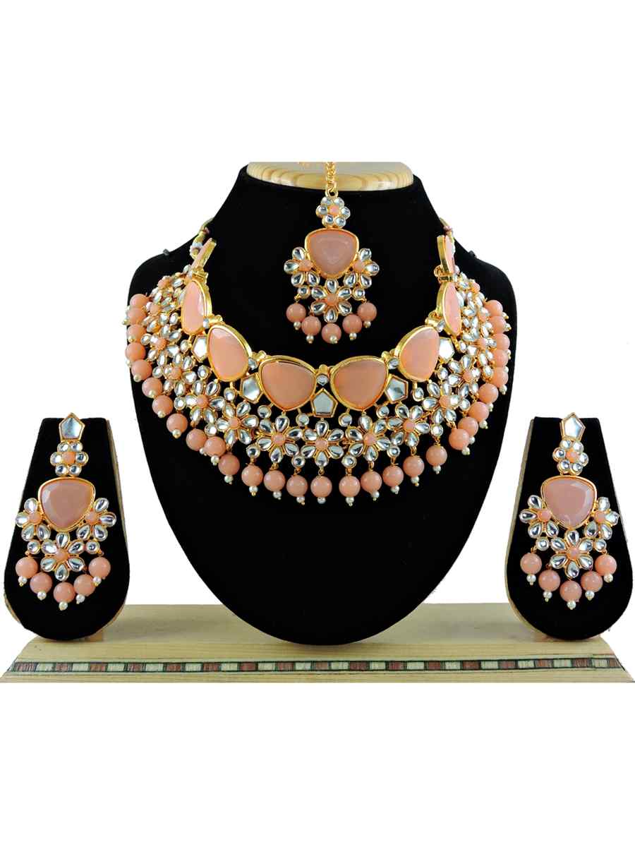 Peach Alloy Festival Wear Diamonds Necklace