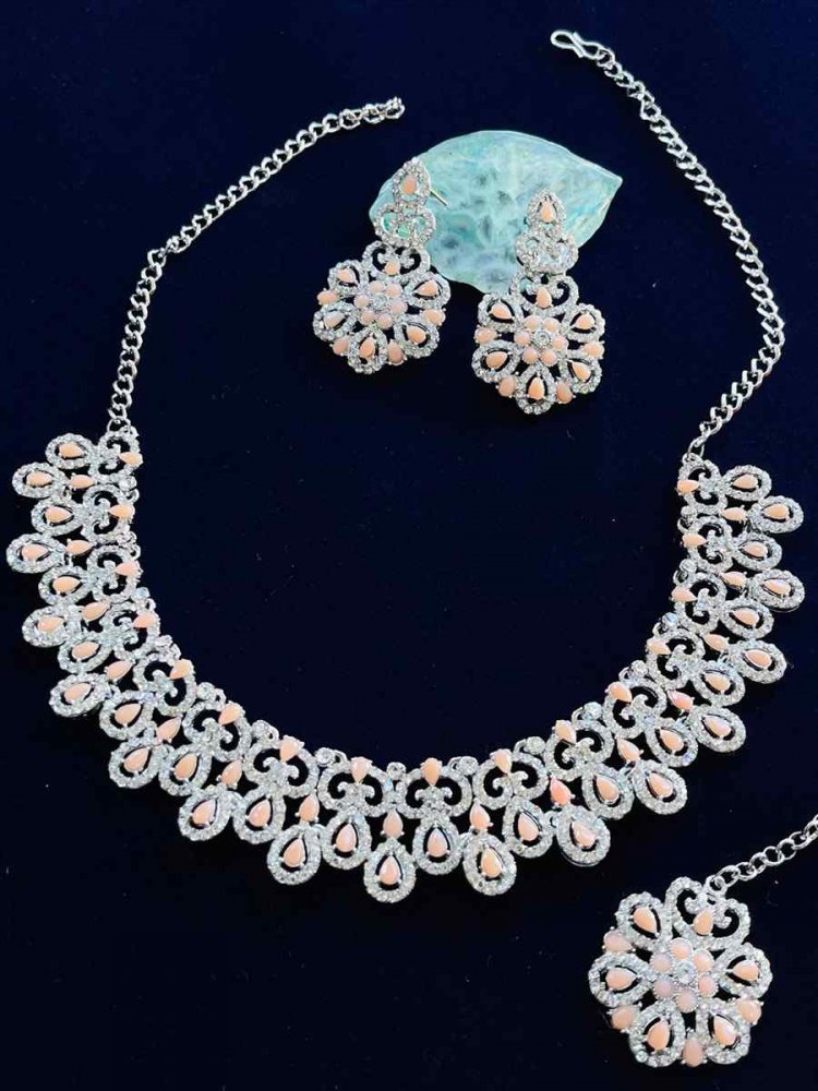 Peach Alloy Festival Wear Diamonds Necklace