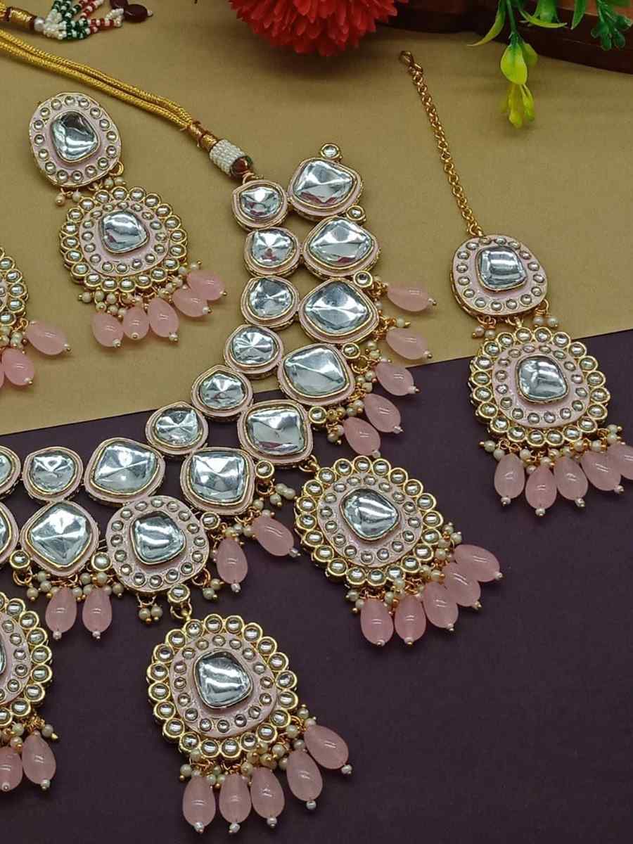 Peach Alloy Metal Festival Wear Kundan Necklace