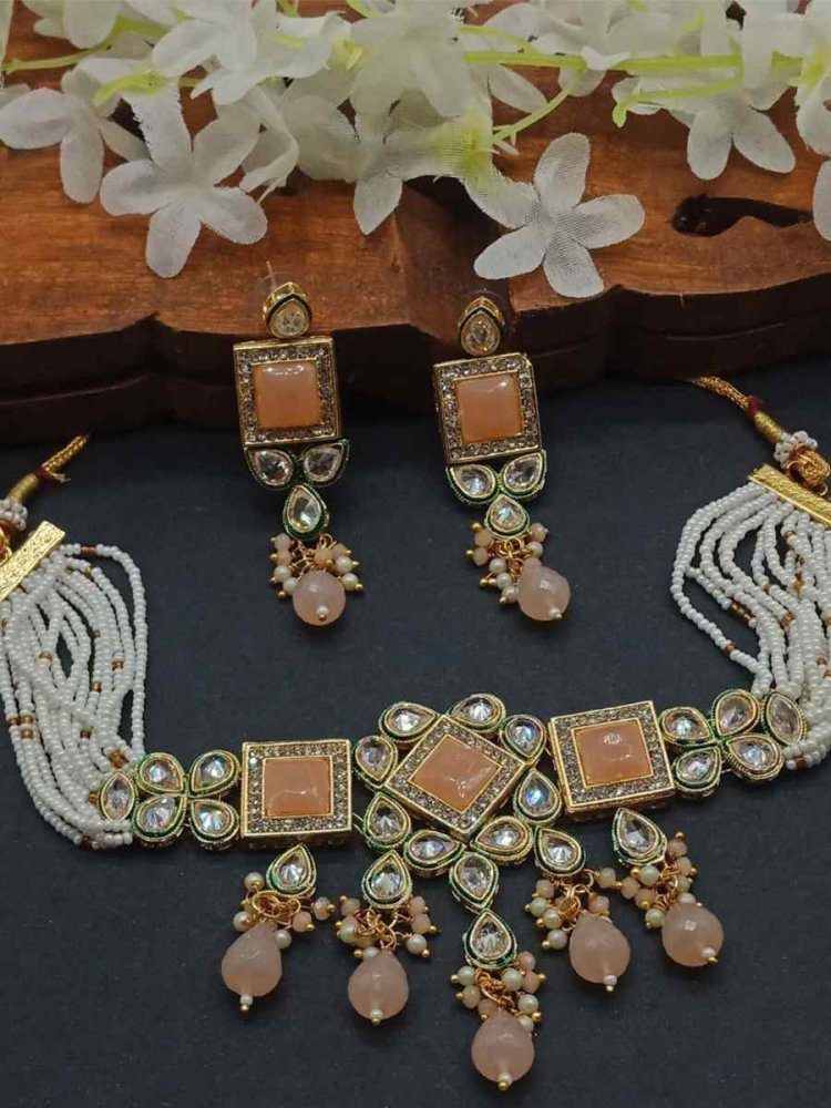 Peach Alloy Metal Festival Wear Kundan Necklace