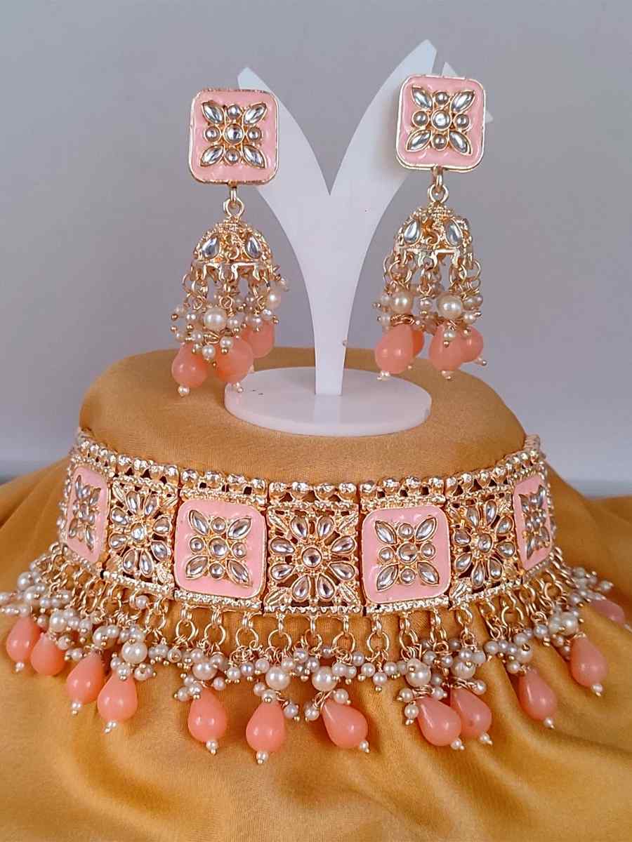 Peach Alloy Traditional Wear Meenakari Necklace