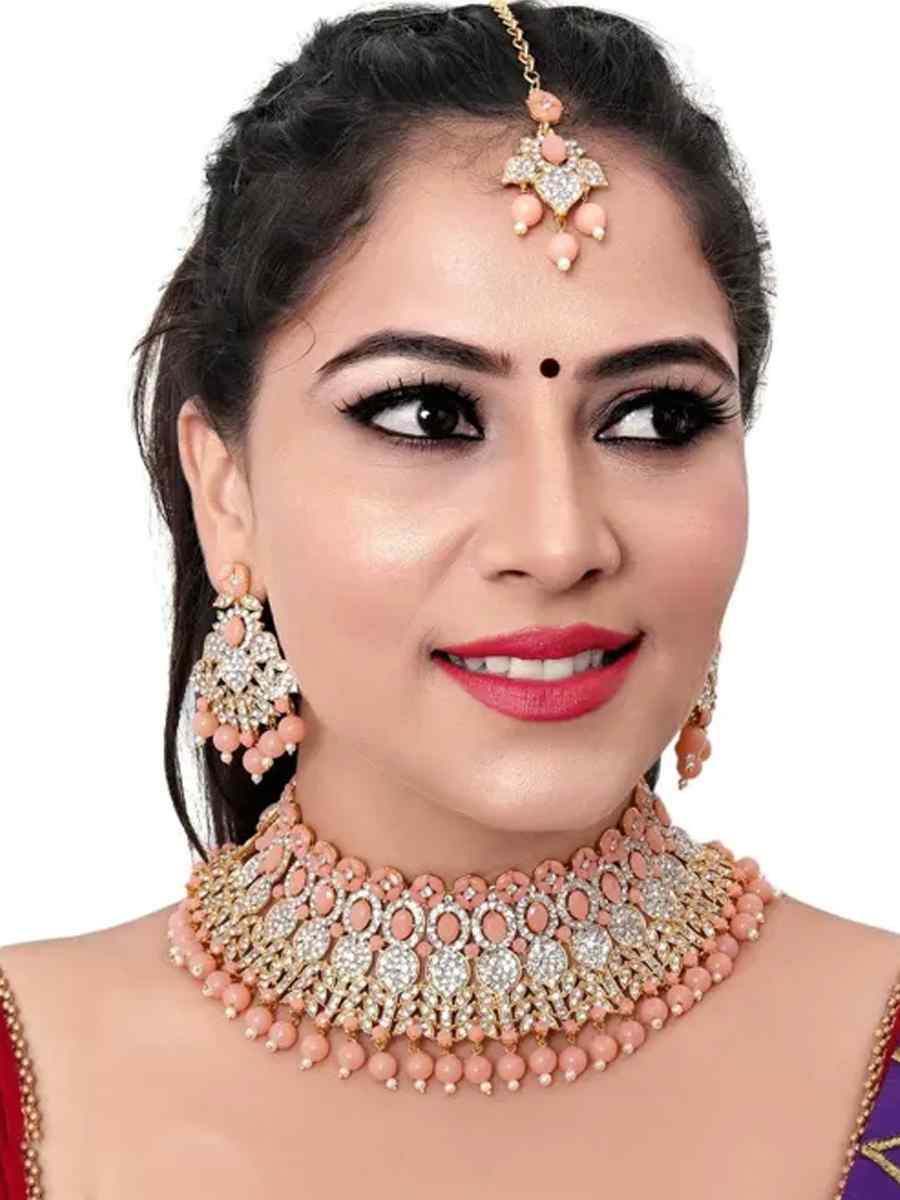 Peach Alloy Wedding Wear Kundan Necklace