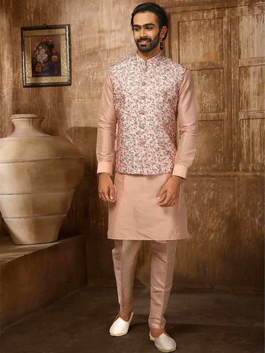 Peach Art Banarasi Silk Embroidered Festival Kurta