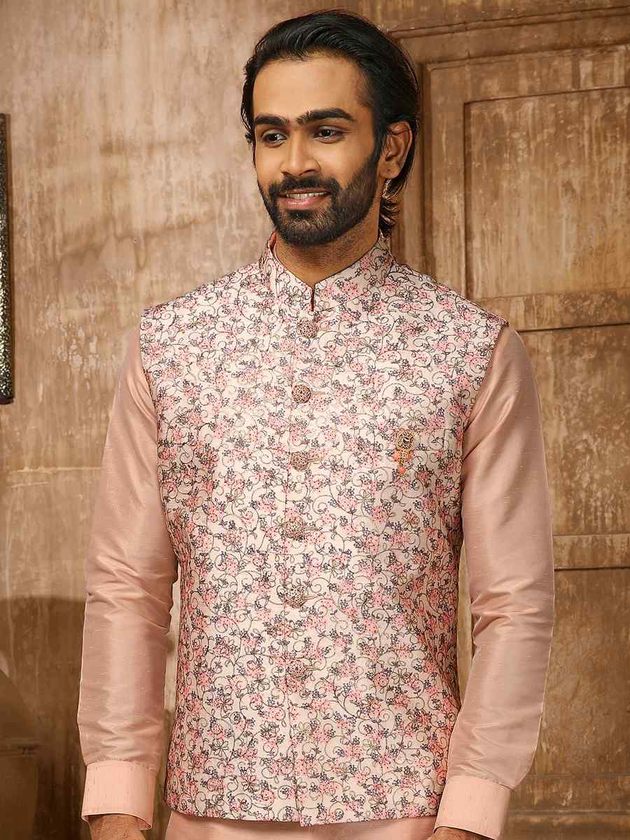 Peach Art Banarasi Silk Embroidered Festival Kurta