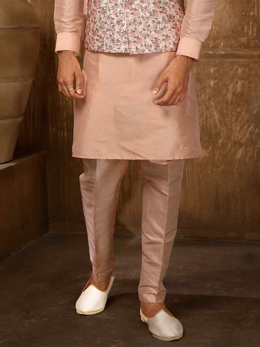 Peach Art Banarasi Silk Embroidered Festival Kurta