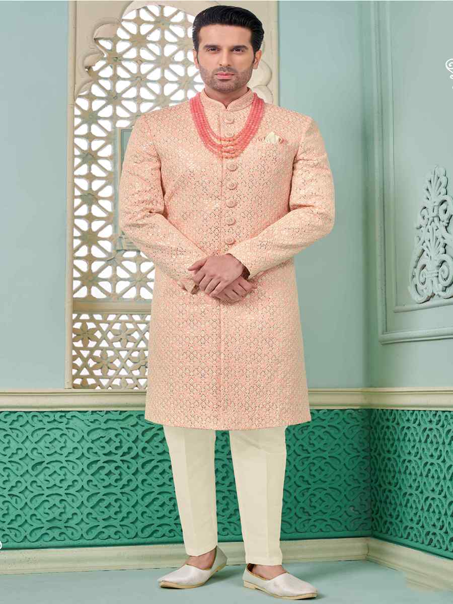 Peach Art Banarasi Silk Embroidered Festival Wedding Sherwani