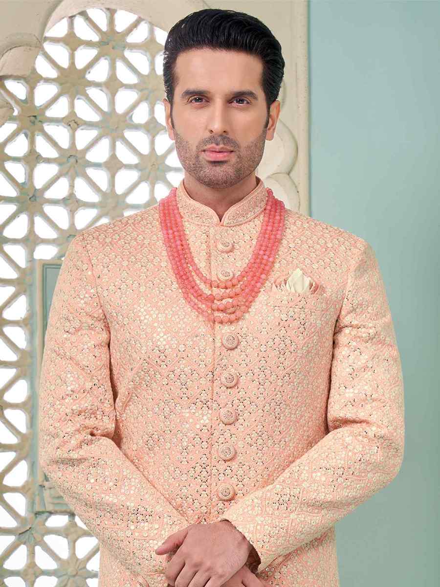 Peach Art Banarasi Silk Embroidered Festival Wedding Sherwani