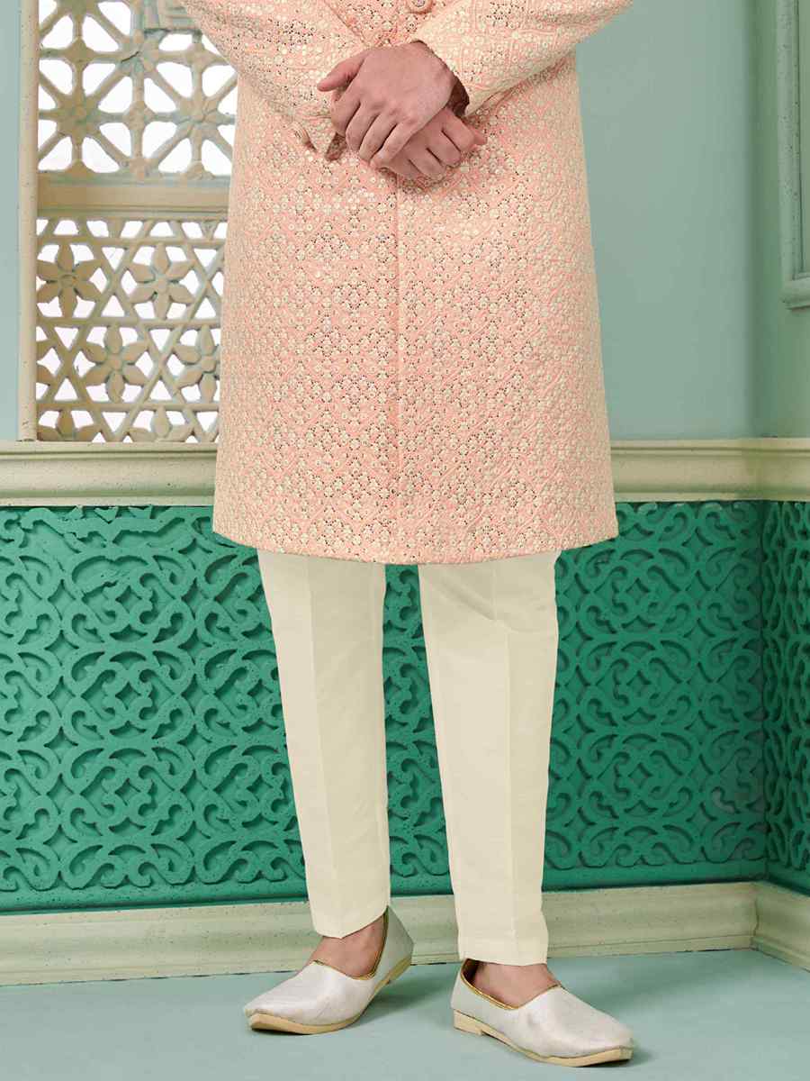 Peach Art Banarasi Silk Embroidered Festival Wedding Sherwani