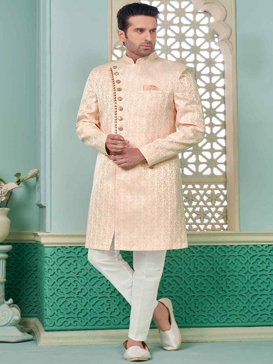 Peach Art Banarasi Silk Embroidered Festival Wedding Sherwani