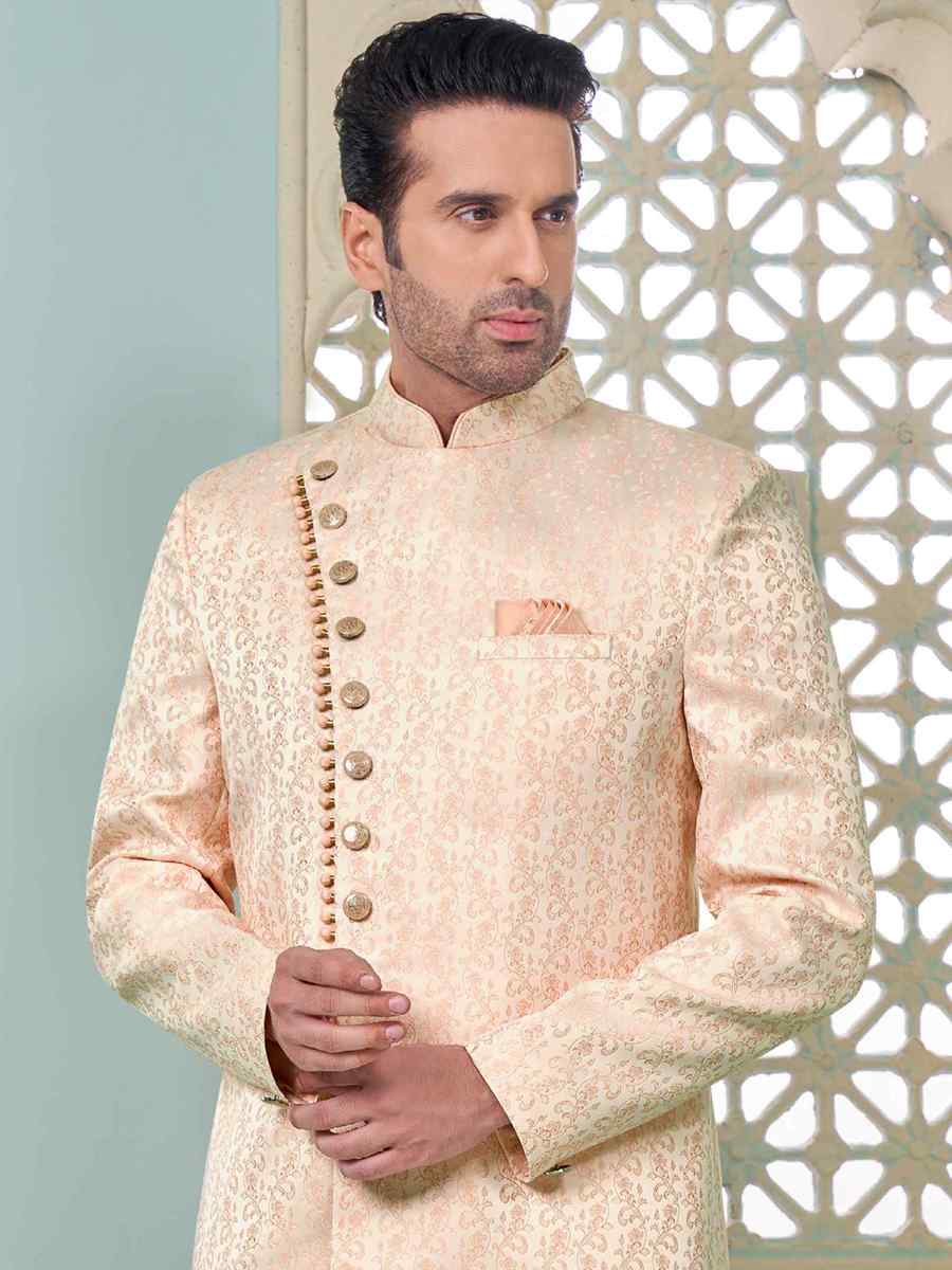 Peach Art Banarasi Silk Embroidered Festival Wedding Sherwani