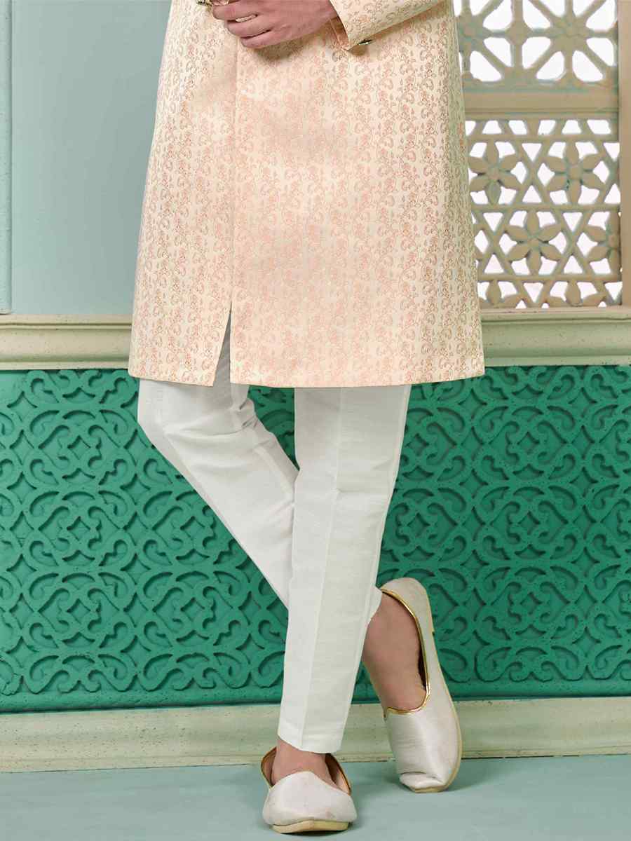 Peach Art Banarasi Silk Embroidered Festival Wedding Sherwani