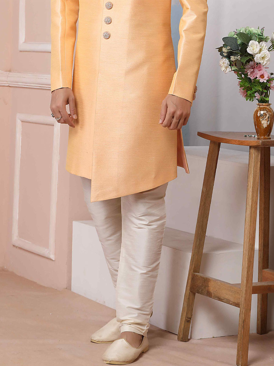 Peach Art Banarasi Silk Embroidered Groom Wedding Sherwani