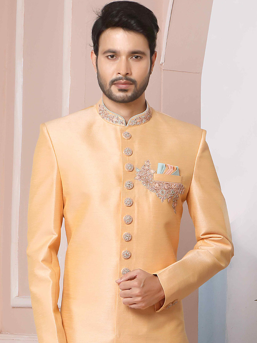 Peach Art Banarasi Silk Embroidered Groom Wedding Sherwani