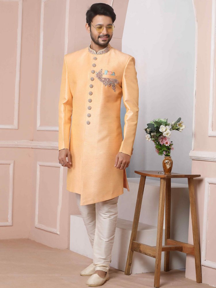 Peach Art Banarasi Silk Embroidered Groom Wedding Sherwani