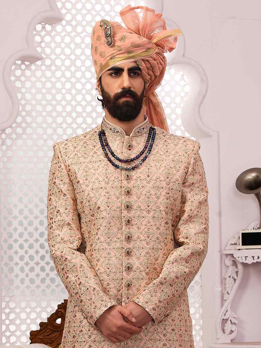 Peach Art Banarasi Silk Embroidered Wedding Groom Sherwani