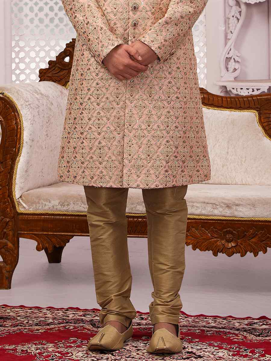 Peach Art Banarasi Silk Embroidered Wedding Groom Sherwani
