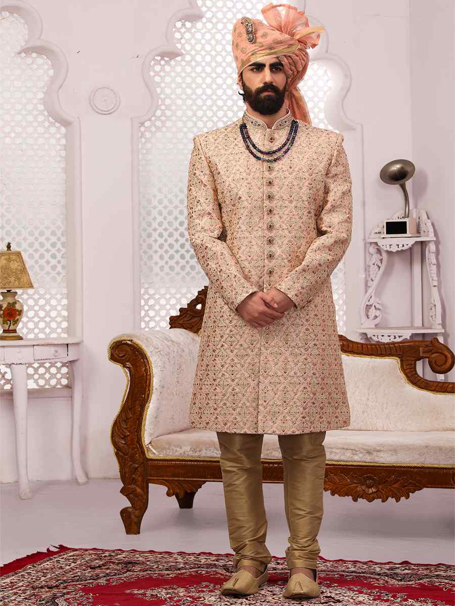 Peach Art Banarasi Silk Embroidered Wedding Groom Sherwani