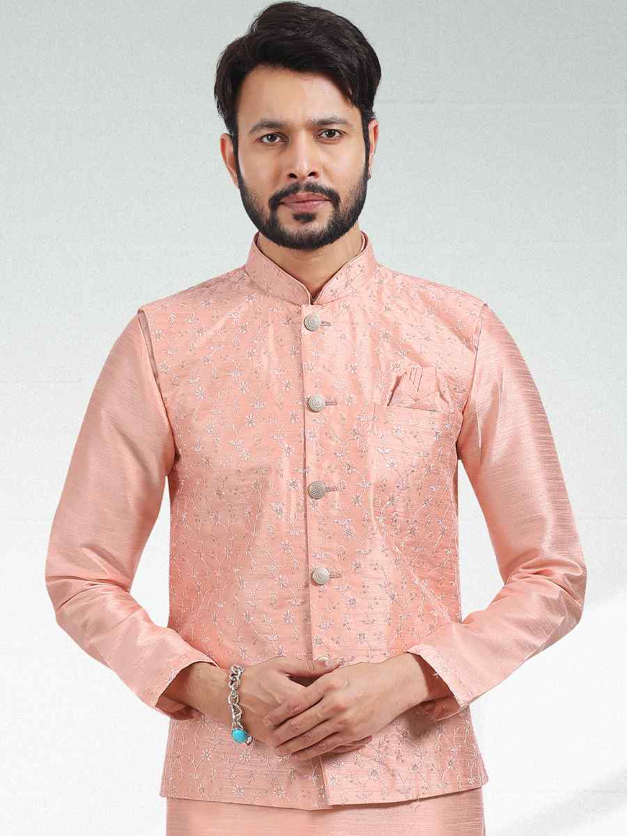 Peach Art Banarasi Silk Woven Festival Party Kurta