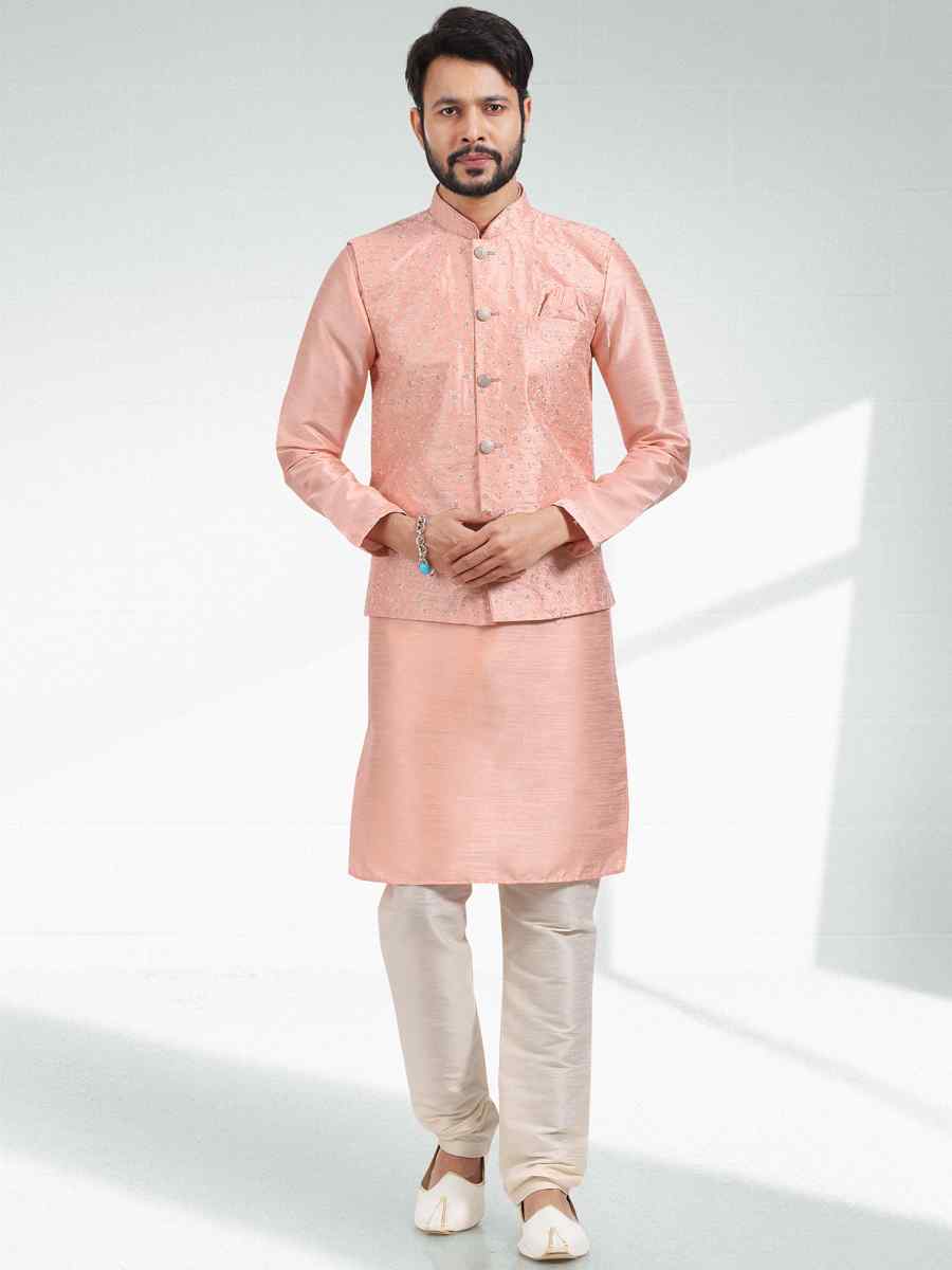 Peach Art Banarasi Silk Woven Festival Party Kurta