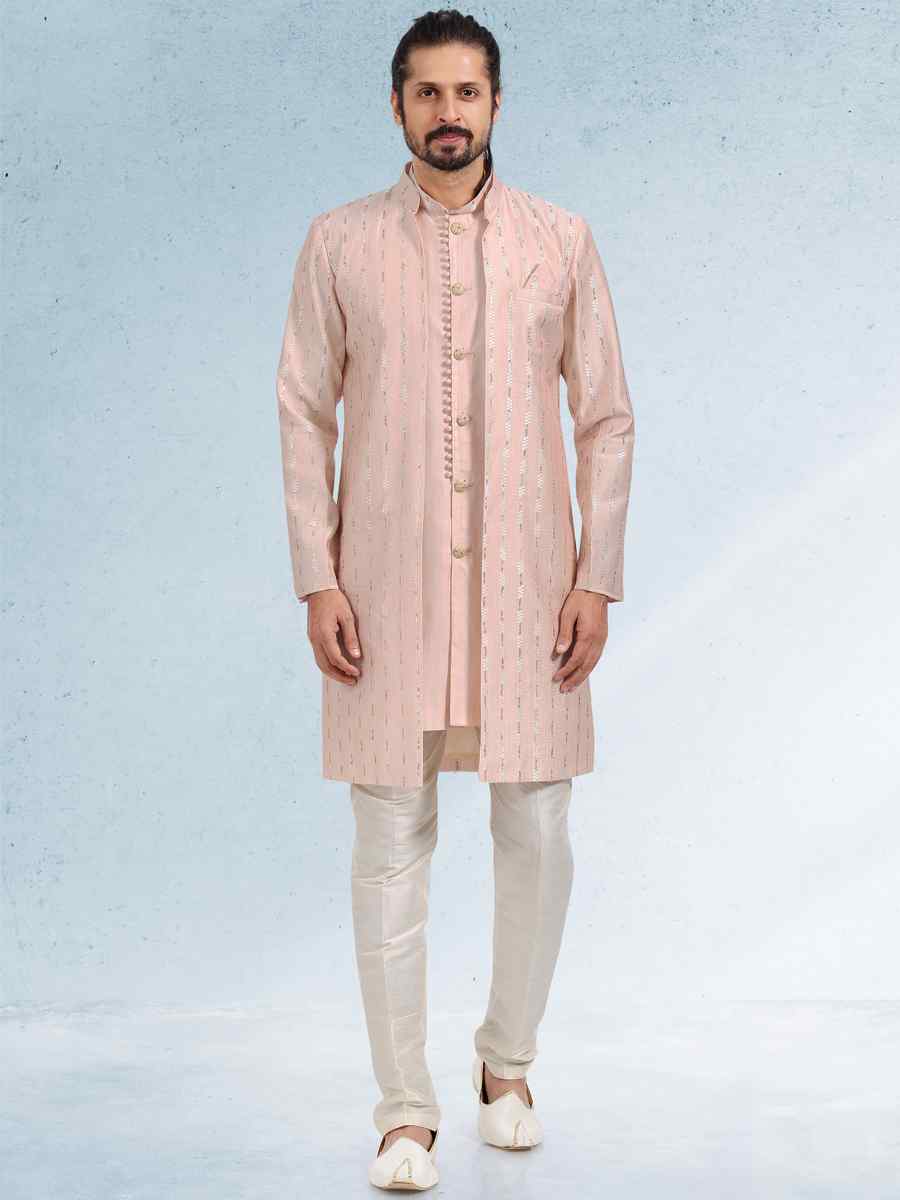 Peach Art Banarasi Silk Woven Festival Party Kurta