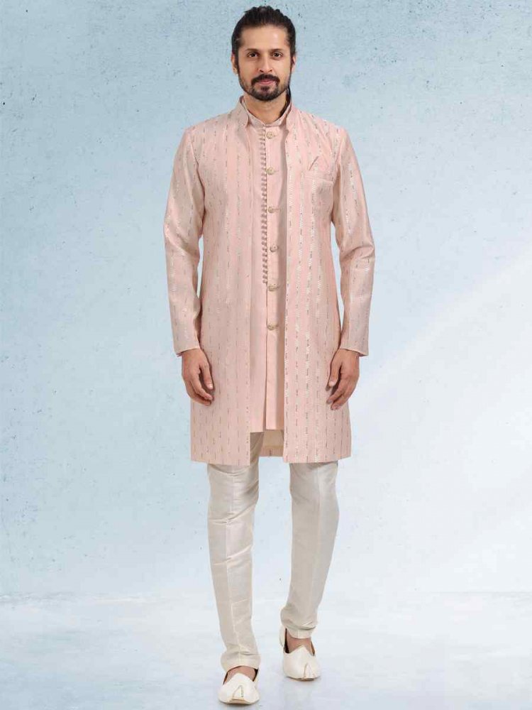 Peach Art Banarasi Silk Woven Festival Party Kurta