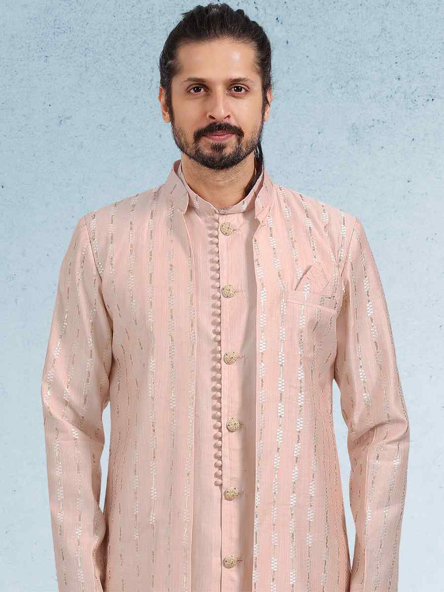 Peach Art Banarasi Silk Woven Festival Party Kurta