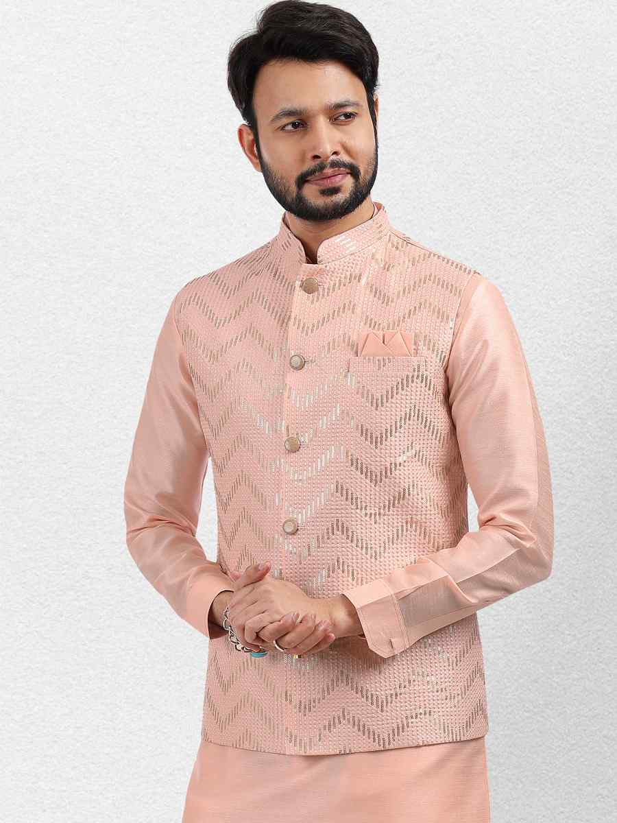 Peach Art Banarasi Silk Woven Festival Wedding Kurta