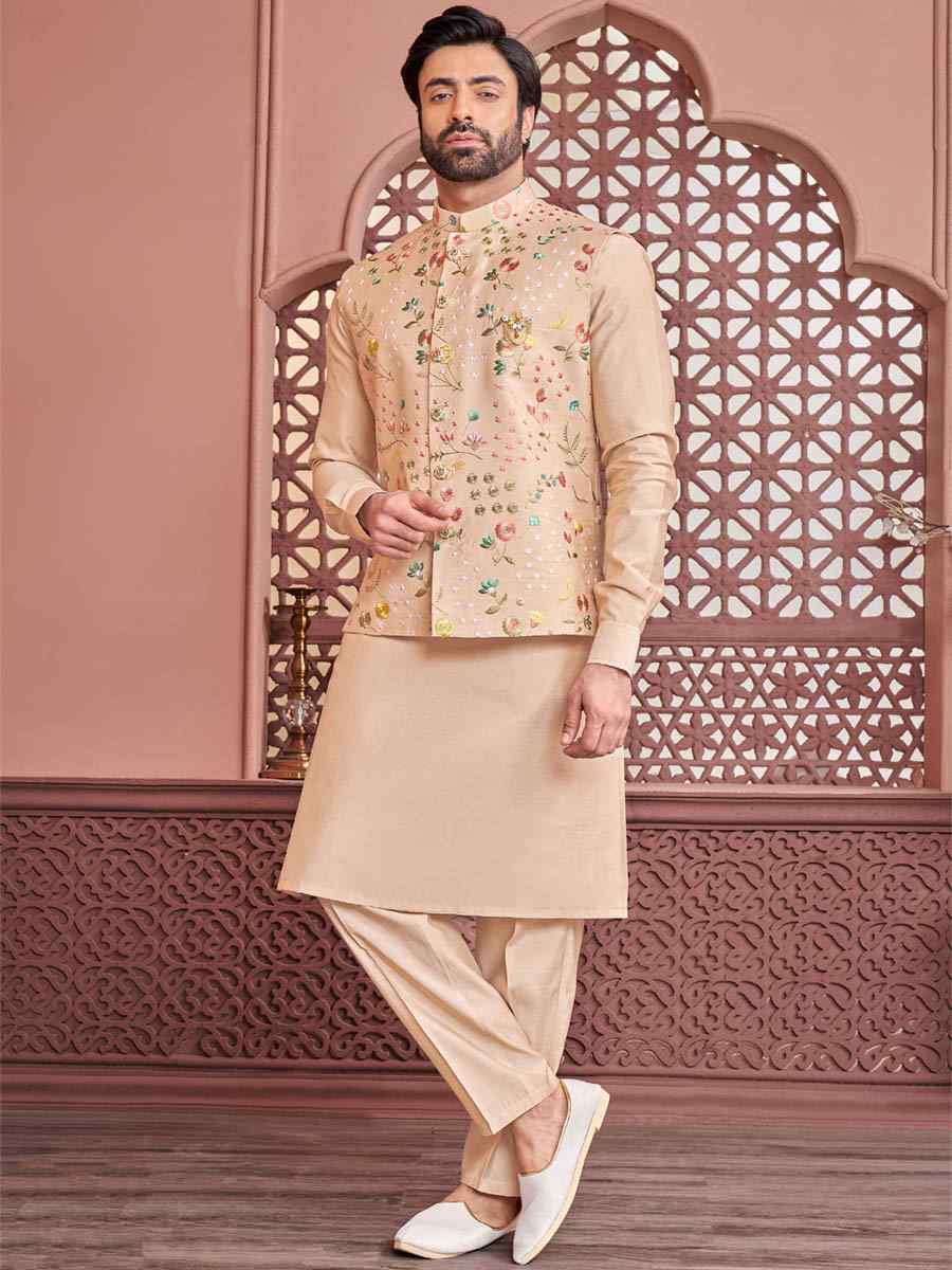 Peach Art Banarasi Silk Woven Festival Wedding Kurta