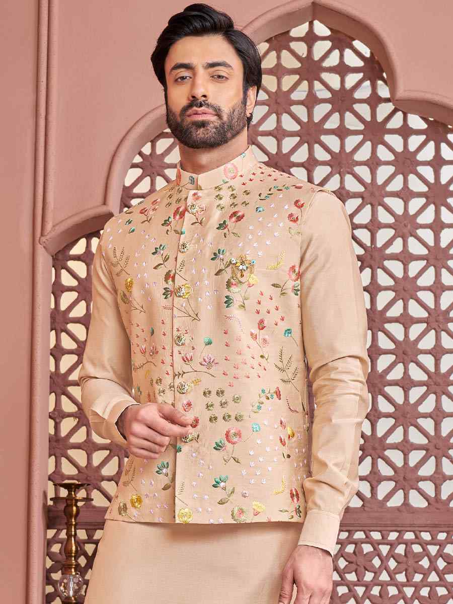 Peach Art Banarasi Silk Woven Festival Wedding Kurta