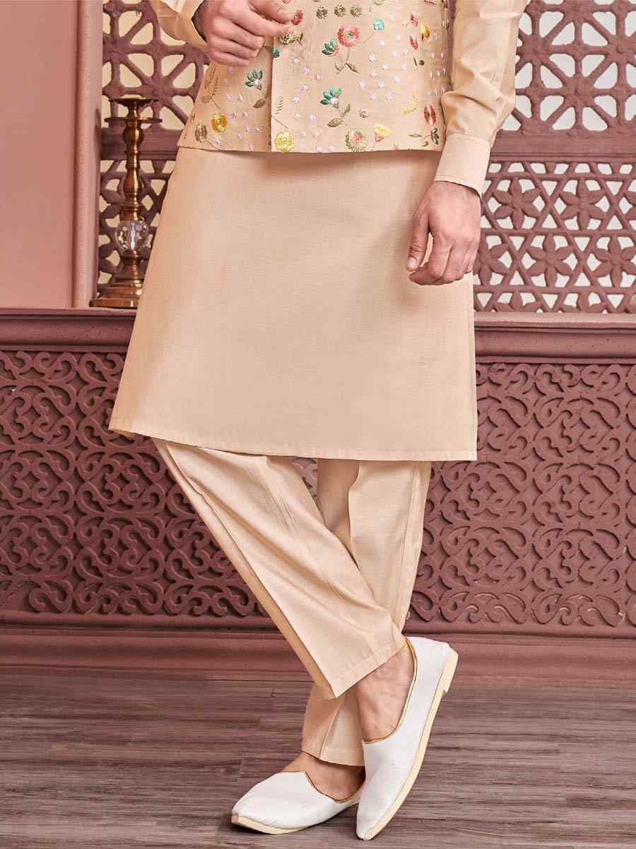 Peach Art Banarasi Silk Woven Festival Wedding Kurta