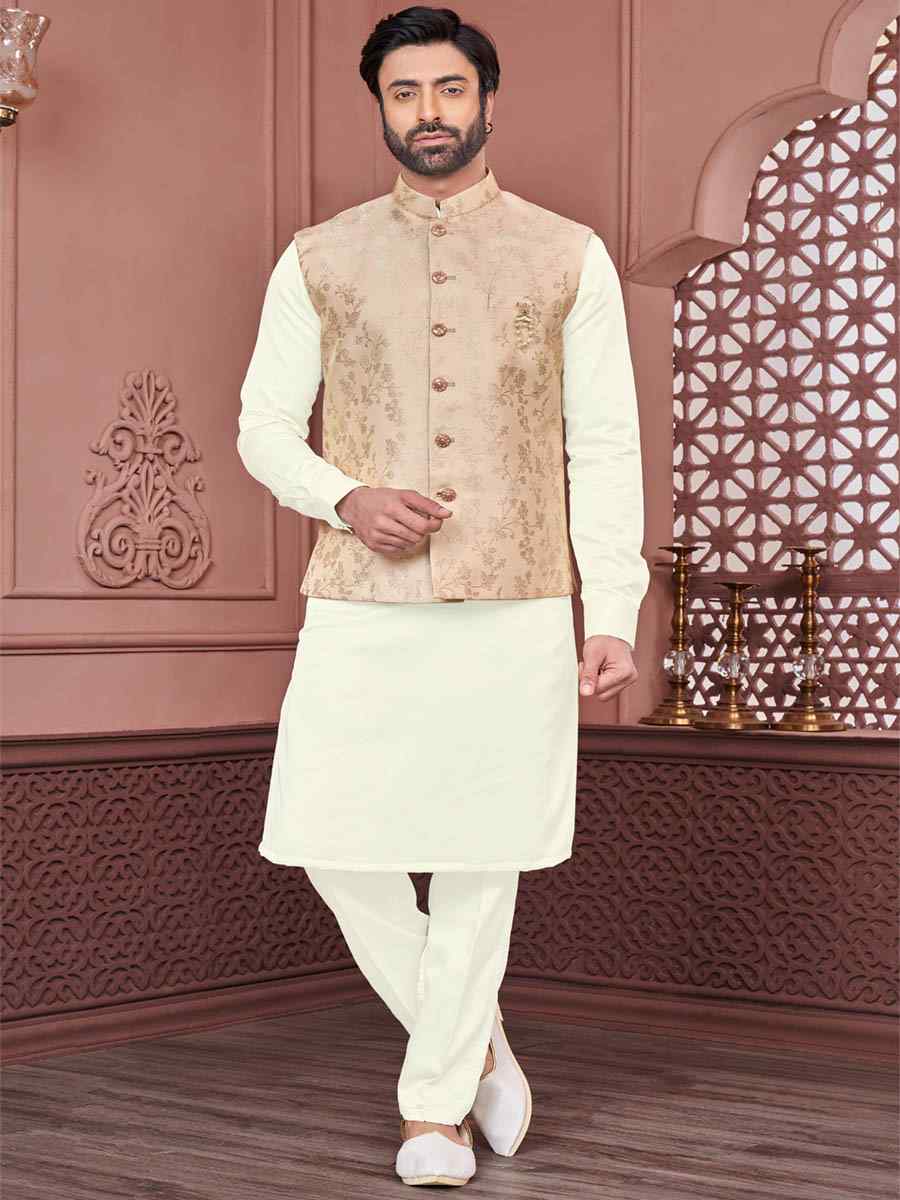 Peach Art Banarasi Silk Woven Festival Wedding Kurta