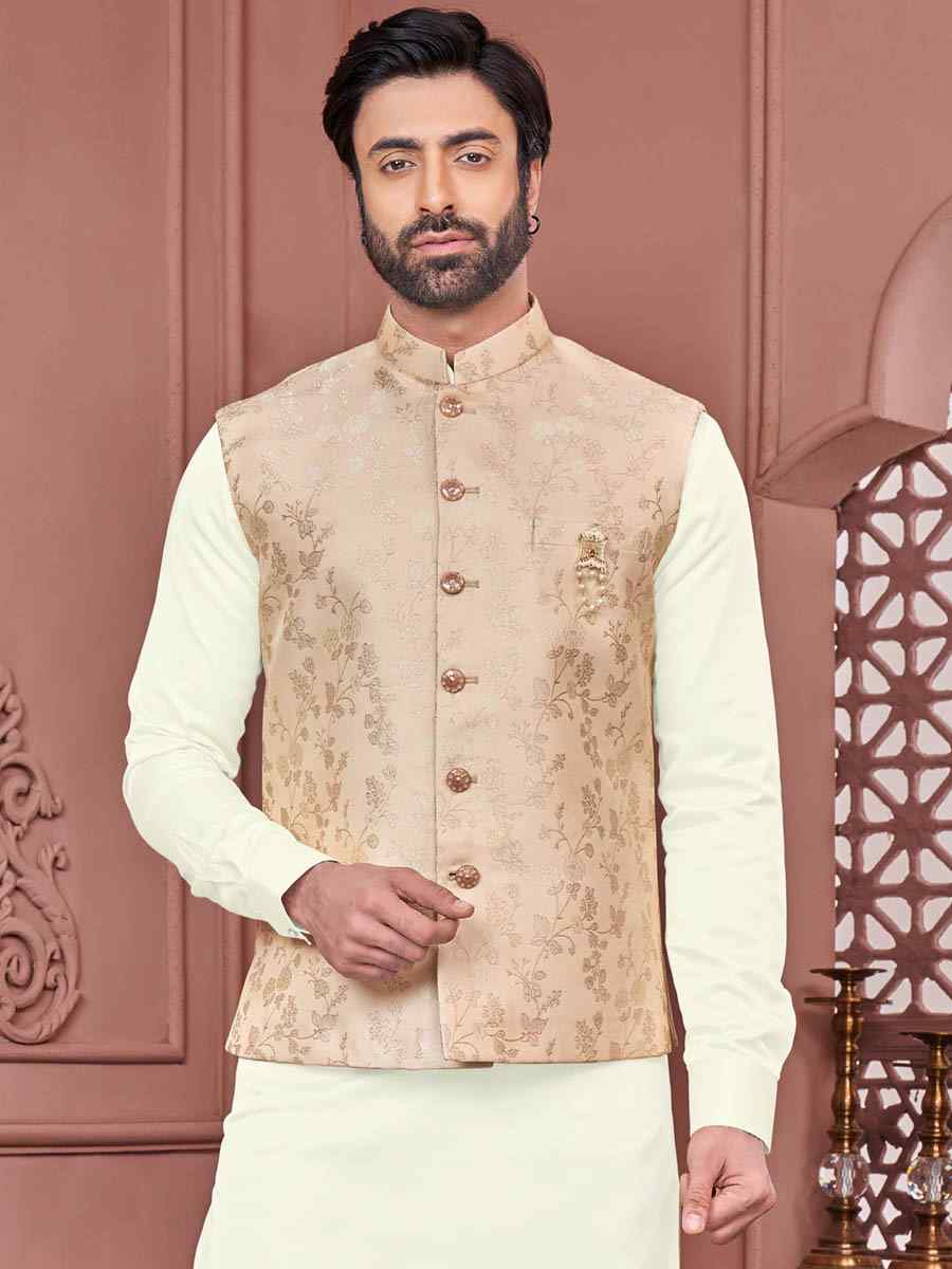 Peach Art Banarasi Silk Woven Festival Wedding Kurta