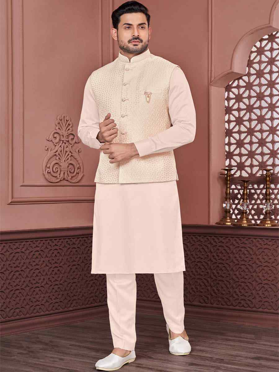 Peach Art Banarasi Silk Woven Festival Wedding Kurta