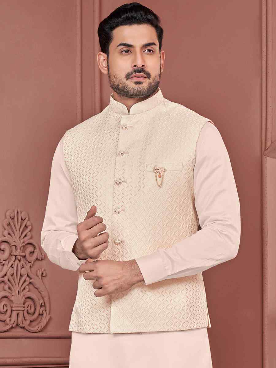 Peach Art Banarasi Silk Woven Festival Wedding Kurta