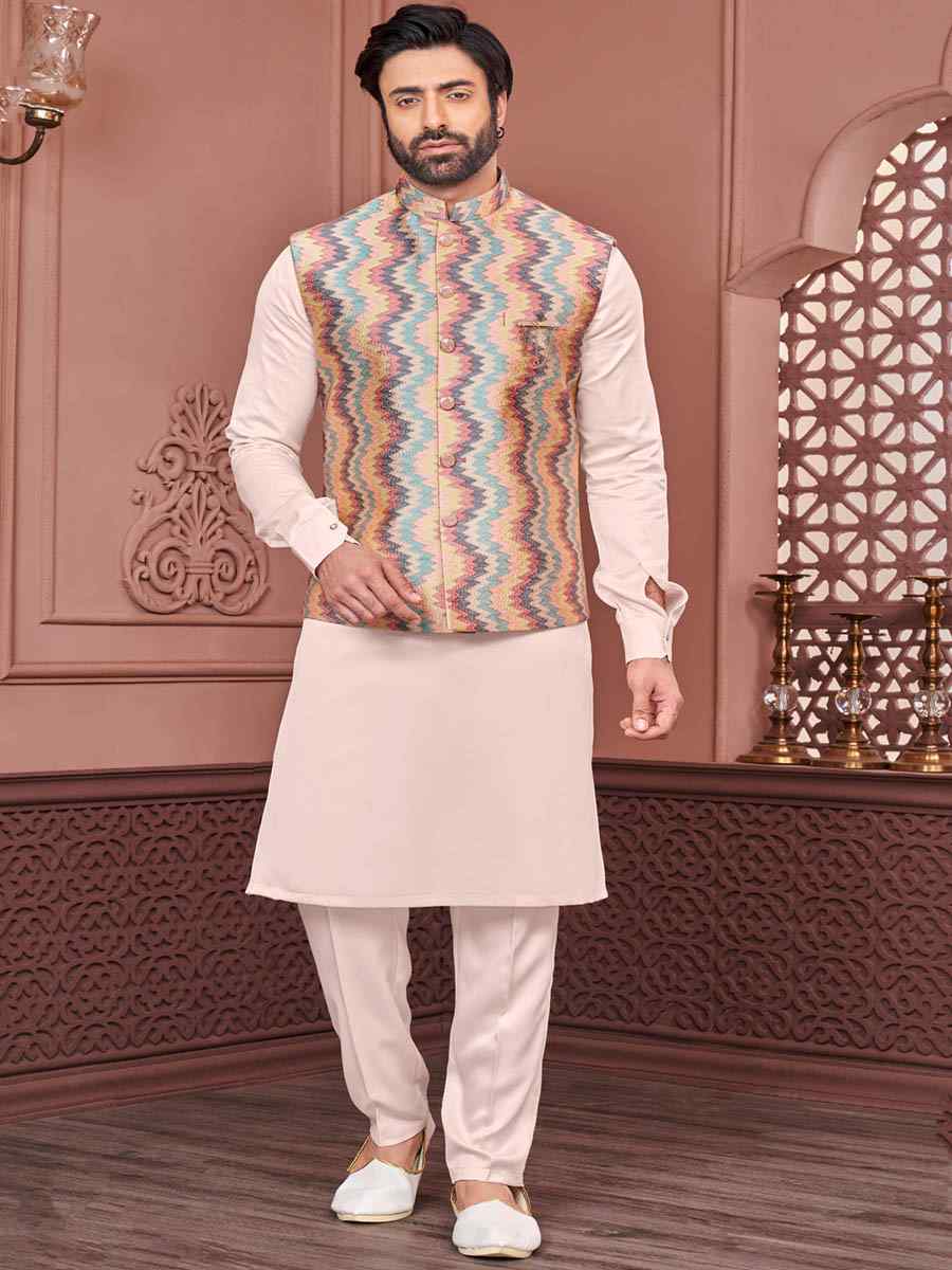 Peach Art Banarasi Silk Woven Festival Wedding Kurta