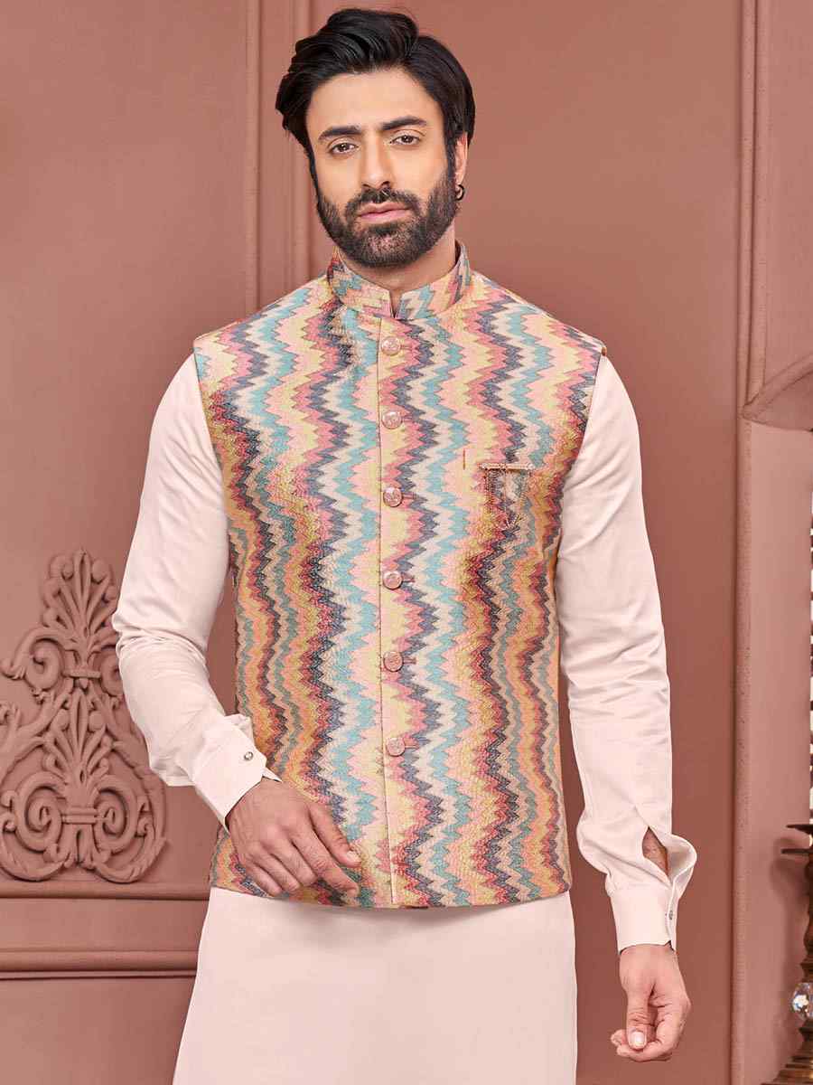 Peach Art Banarasi Silk Woven Festival Wedding Kurta