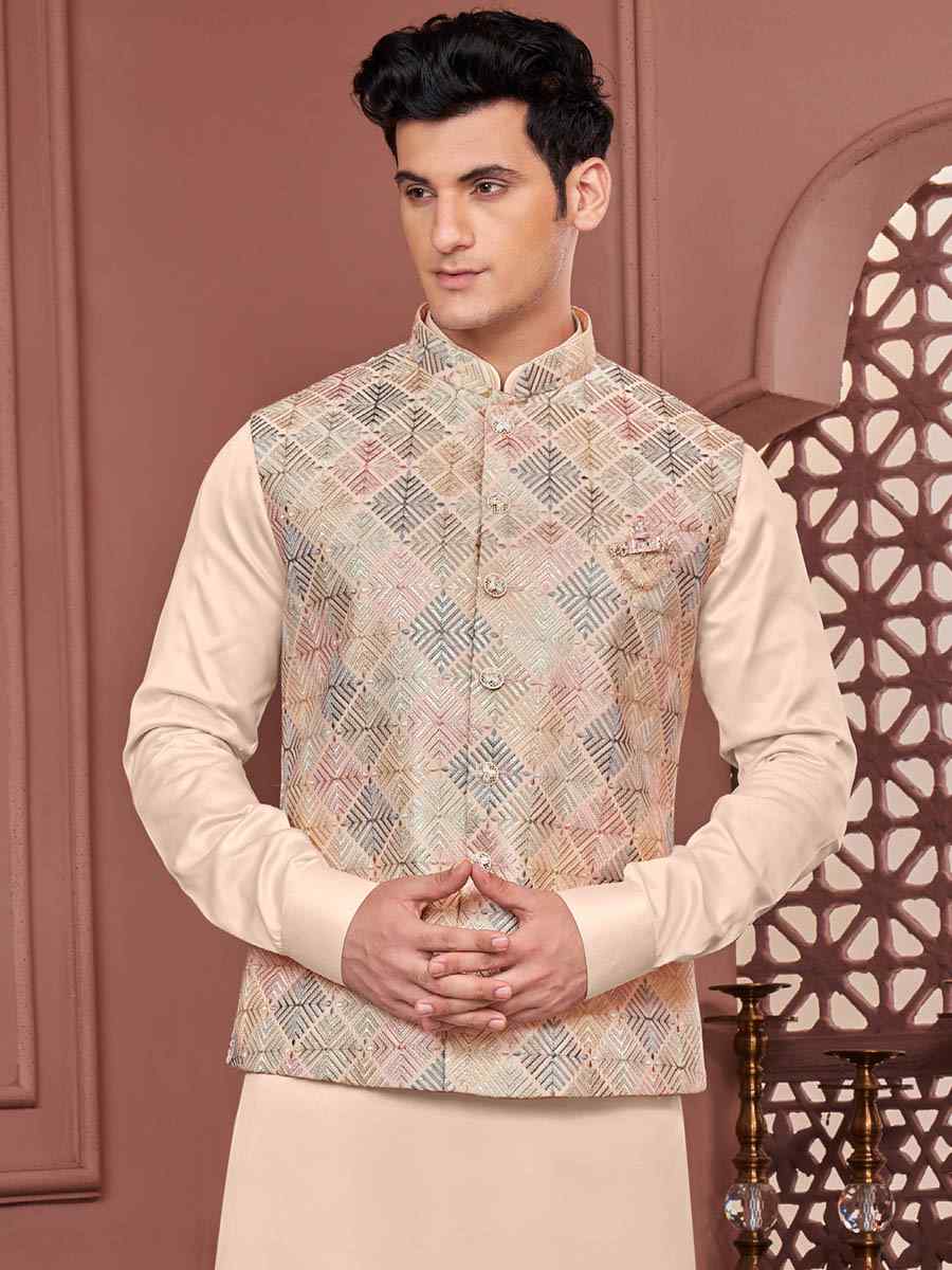 Peach Art Banarasi Silk Woven Festival Wedding Kurta