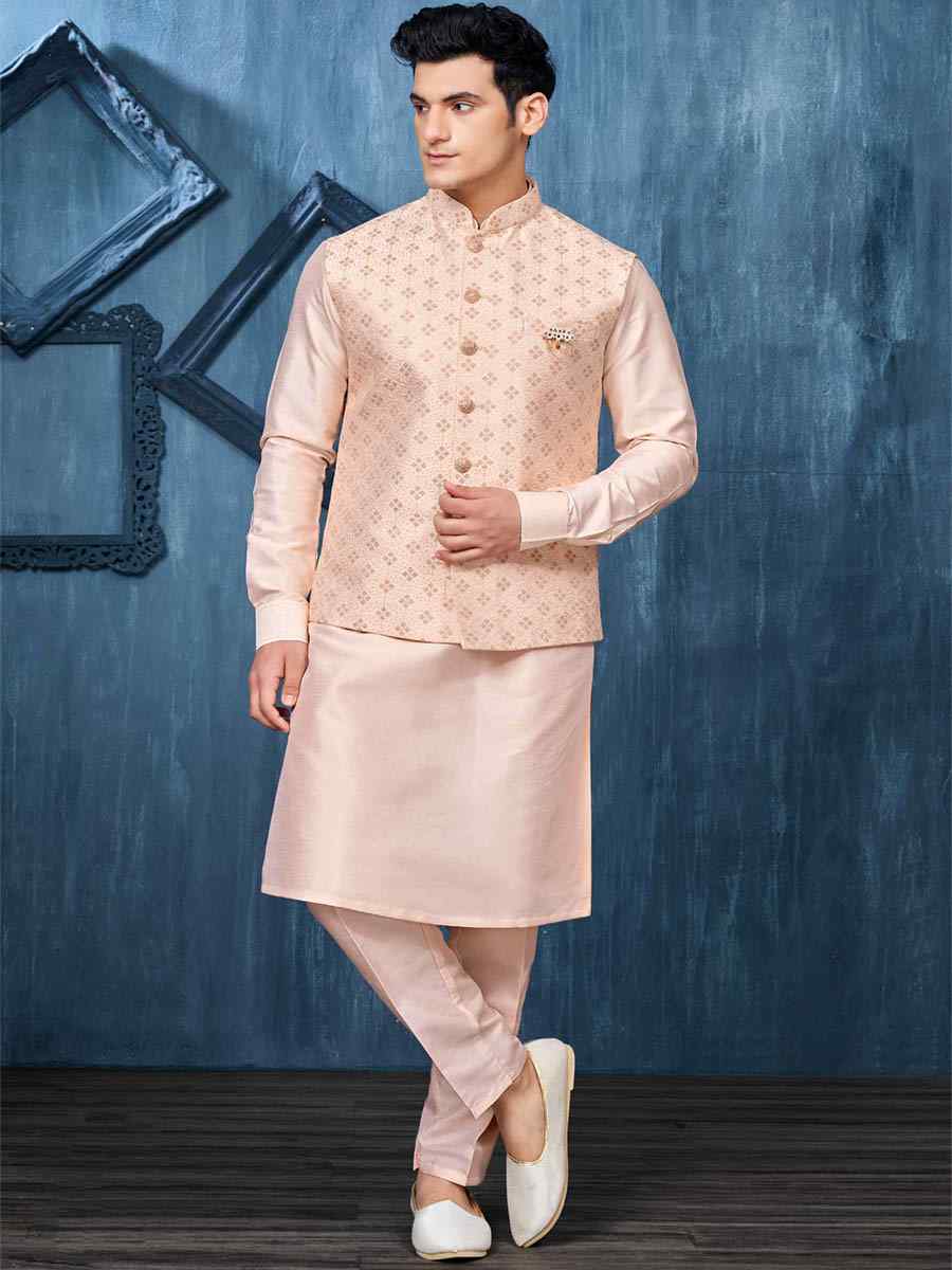 Peach Art Banarasi Silk Woven Festival Wedding Kurta
