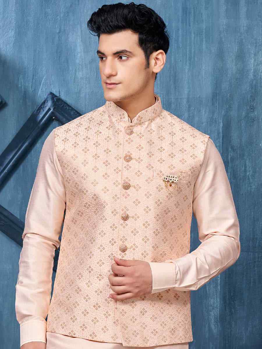 Peach Art Banarasi Silk Woven Festival Wedding Kurta