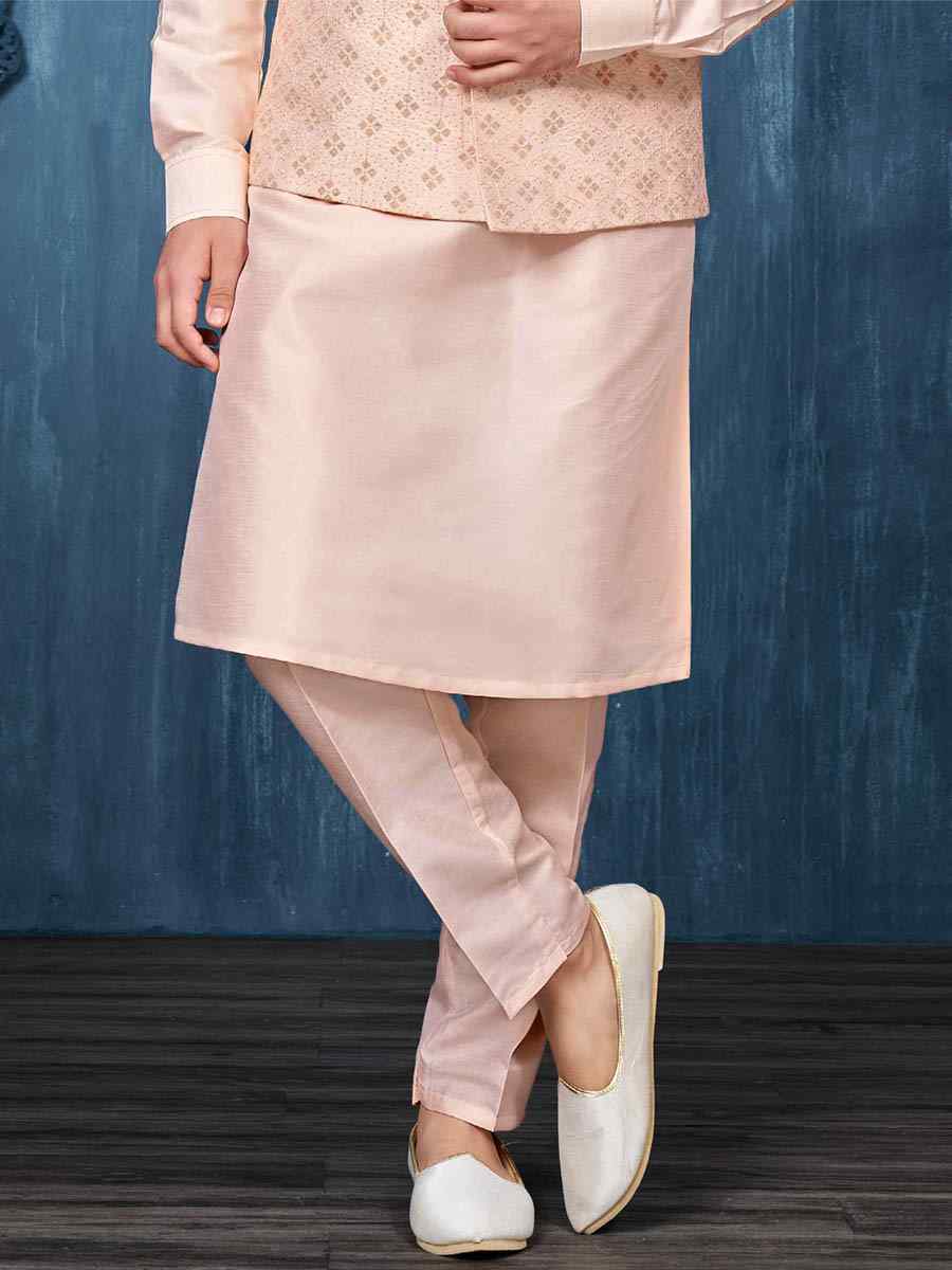 Peach Art Banarasi Silk Woven Festival Wedding Kurta